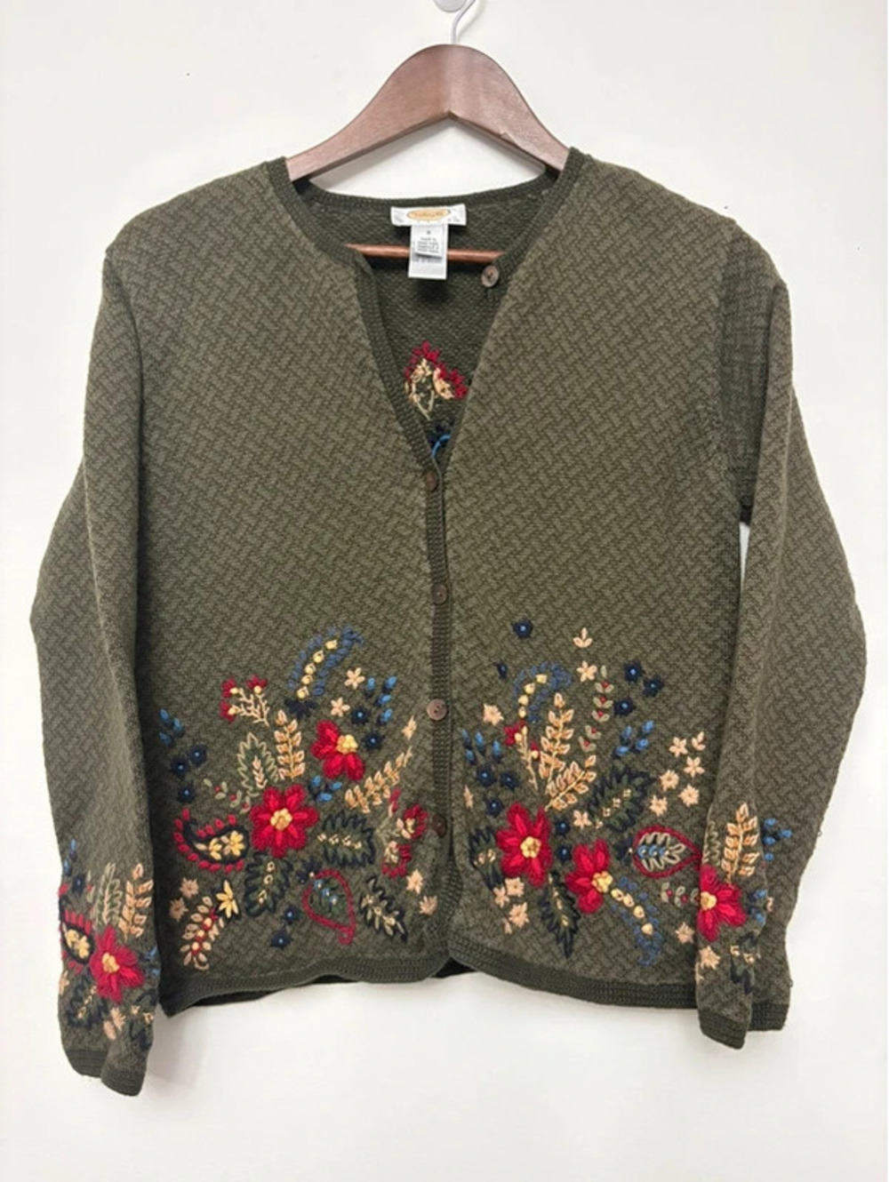 Vintage Talbots Petites Small Olive Floral Embroidered Cardigan Sweater